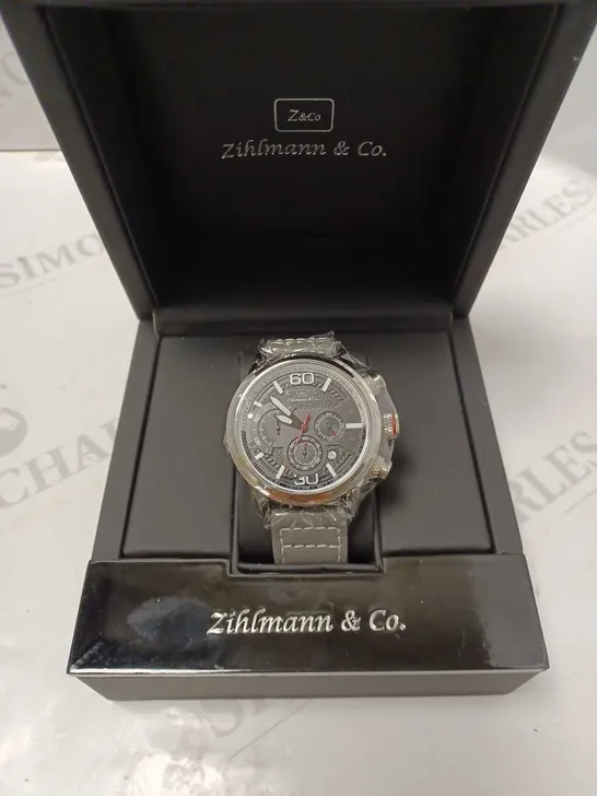 ZIHLMANN & CO BLACK TRIPLE DIAL GREY LEATHER STRAP WATCH