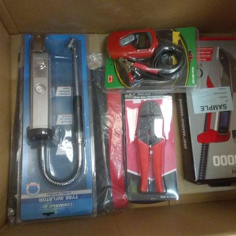 BOX OF ASSORTED ITEMS INCLUDING JAMECPEM TDR3000 TIRE INFLATOR, BATTERY ANALYSER, 8.7" RATCHET CRIMPER, COMMAND AIR TYRE INFLATOR AND A SET OF WRENCHES 