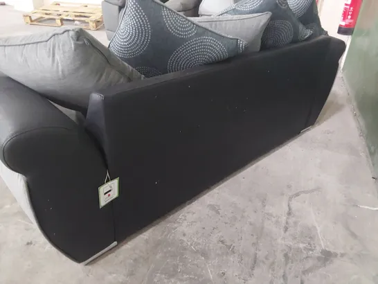 DESIGNER THREE SEATER SOFA BLACK FAUX LEATHER & GREY FABRIC WITH SCATTER CUSHIONS 