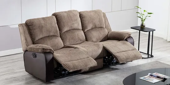 BOXED BROWN FABRIC MANUAL RECLINING THREE SEATER SOFA 