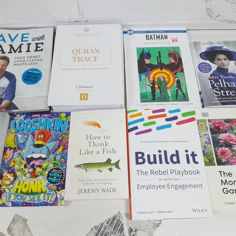 LARGE QUANTITY OF ASSORTED BOOKS TO INCLUDE SAVE WITH JAMIE, BATMAN GRAPHIC NOVEL AND HOW TO THINK LIKE A FISH