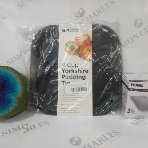 BOX OF APPROXIMATELY 20 ASSORTED HOUSEHOLD ITEMS TO INCLUDE 4-CUP YORSHIRE PUDDING TIN, FLUVAL ACTIVATED CARBON, ETC