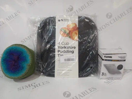 BOX OF APPROXIMATELY 20 ASSORTED HOUSEHOLD ITEMS TO INCLUDE 4-CUP YORSHIRE PUDDING TIN, FLUVAL ACTIVATED CARBON, ETC