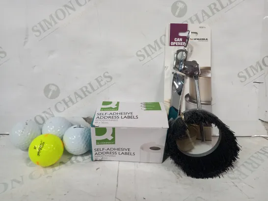 LOT OF APPROXIMATELY 15 ASSORTED HOUSEHOLD ITEMS TO INCLUDE CAN OPENER, SELF-ADHESIVE ADDRESS LABELS, TITLEIST GOLF BALLS, ETC