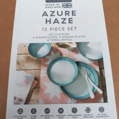 BOXED DENBY AZURE HAZE 12 PIECE SET TO INCLUDE; 4 DINNER PLATES, 4 MEDIUM PLATES, 4 CEREAL BOWLS