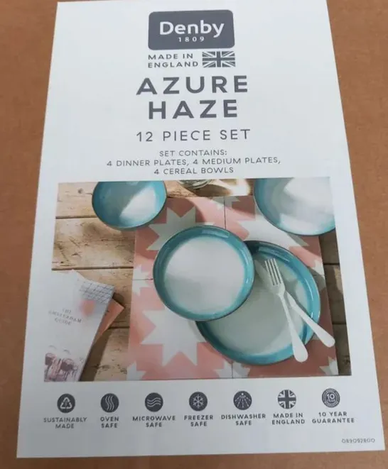 BOXED DENBY AZURE HAZE 12 PIECE SET TO INCLUDE; 4 DINNER PLATES, 4 MEDIUM PLATES, 4 CEREAL BOWLS