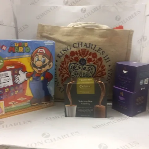 APPROXIMATELY 4 ASSORTED PRODUCTS TO INCLUDE; KING CHARLES CORONATION HAMPER, HOTEL CHOCLAT SELECTION BOX, SUPER MARIO THE CRAZY CUBE GAME AND HOTTEA MAMA HERBAL TEA