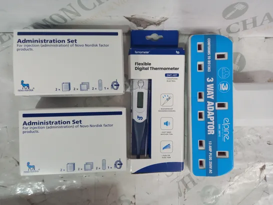 LOT OF APPROXIMATELY 15 ASSORTED HOUSEHOLD ITEMS TO INCLUDE ELPINE 3 WAY ADAPTER, FLEXIBLE DIGITAL THERMOMETER, ADMINISTRATION KIT FOR INJECTION, ETC