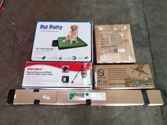 PALLET OF ASSORTED PRODUCTS INCLUDING PET POTTY, STORAGE OTTOMAN, DIGITAL MEASURING WHEEL, WORKOUT BAR, LED LIGHT