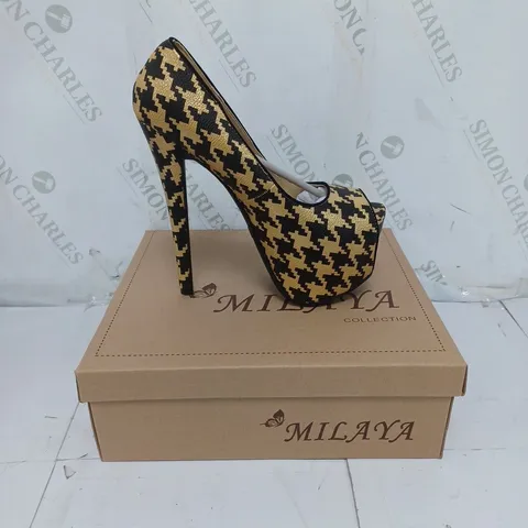BOXED LOT OF 5 PAIRS OF LADIES MILAYA COLLECTION SHOES. BLACK AND GOLD VARIOUS SIZE