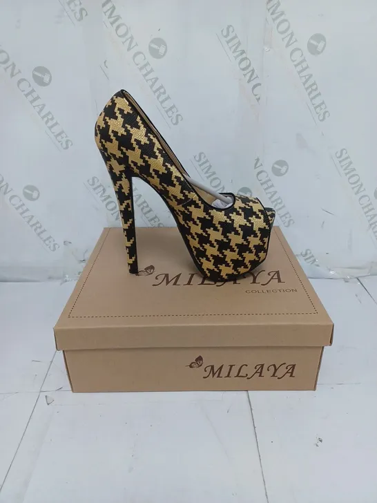 BOXED LOT OF 5 PAIRS OF LADIES MILAYA COLLECTION SHOES. BLACK AND GOLD VARIOUS SIZE