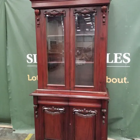 VICTORIAN MAHOGANY VENEER PART GLAZED LOCKABLE BOOKCASE WITH CUPBOARD