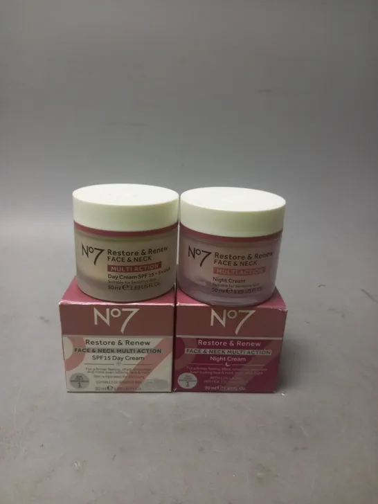 NO7 RESTORE AND RENEW FACE AND NECK MULTI ACTION DAY AND NIGHT CREAMS 50ML