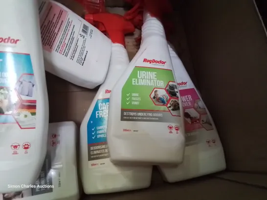 BOX OF RUG DOCTOR SPRAY TREATMENTS & WASHER DETERGENT 