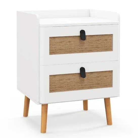 BOXED COSTWAY MODERN END TABLE BEDSIDE TABLE WITH 2 RATTAN DECORATED DRAWERS FOR LIVING ROOM & BEDROOM - WHITE