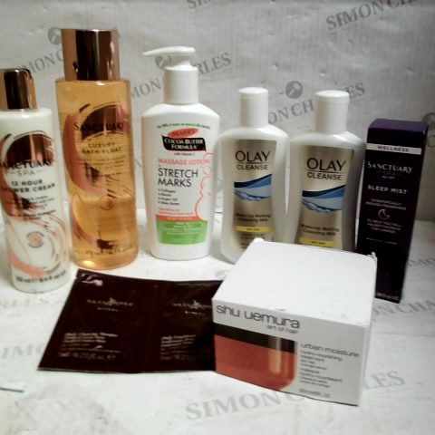 LOT OF APPROXIMATELY 20 HEALTH & BEAUTY ITEMS, TO INCLUDE SHU UEMURA HAIR MASK, SANCTUARY BATH PRODUCTS, OLAY MAKE-UP REMOVER, ETC