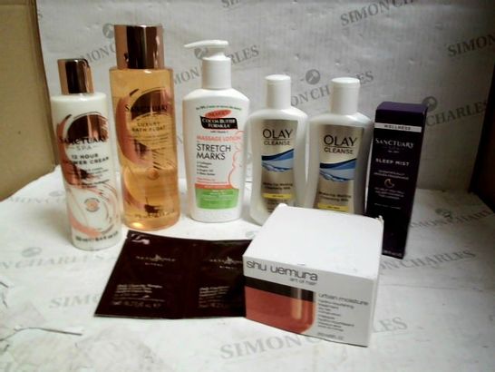 LOT OF APPROXIMATELY 20 HEALTH & BEAUTY ITEMS, TO INCLUDE SHU UEMURA HAIR MASK, SANCTUARY BATH PRODUCTS, OLAY MAKE-UP REMOVER, ETC