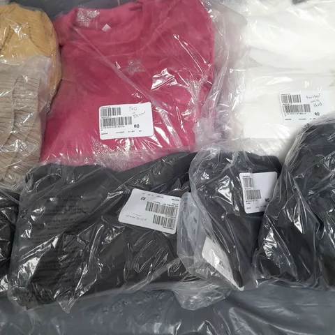 BOX OF APPROXIMATELY 15 ASSORTED CLOTHING ITEMS IN VARIOUS STYLES, COLOURS AND SIZES TO INCLUDE PYJAMAS, SKIRT, JUMPERS ETC