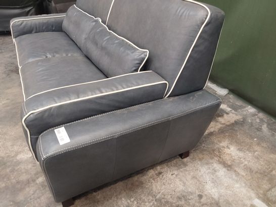 DESIGNER FIXED THREE SEATER SOFA STEEL BLUE LEATHER WITH CONTRASTING PIPING