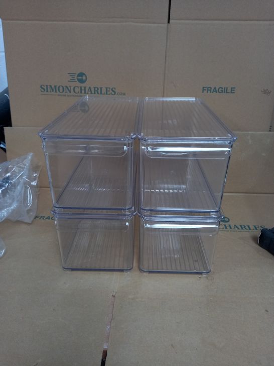 SET OF 4 CLEAR PLASTIC STACKABLE STORAGE BOXES WITH REMOVABLE LIDS