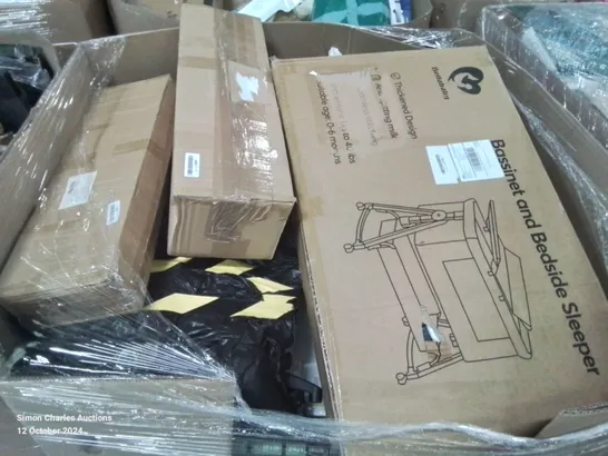 PALLET CONTAINING VARIOUS ASSORTED ITEMS TO INCLUDE: BLANK CANVASSES, BABY BASSINET AND SLEEPER, BABY CAR SEAT ETC.