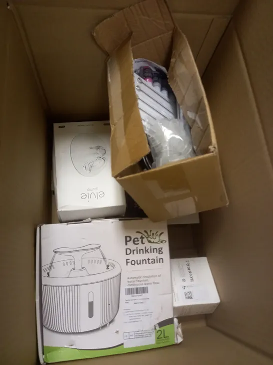 BOX OF APPROXIMATELY 5 ASSORTED ITEMS TO INCLUDE PET DRINKING FOUNTAIN, BARK CONTROL DEVICE, WHITE NOISE MACHINE