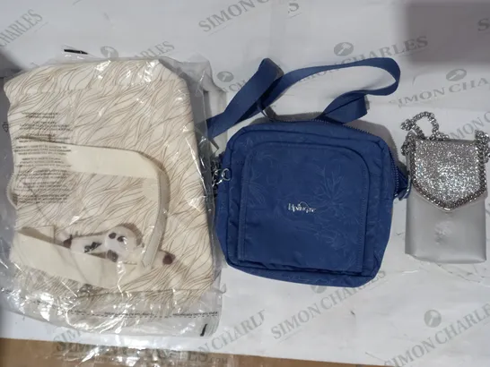 BOX OF APPROXIMATELY 20 ASSORTED HOUSEHOLD AND CLOTHING ITEMS TO INCLUDE DIAMONTE PURSE IN SILVER COLOUR, KIPLING BAG IN BLUE W. FLORAL DESIGN, ETC