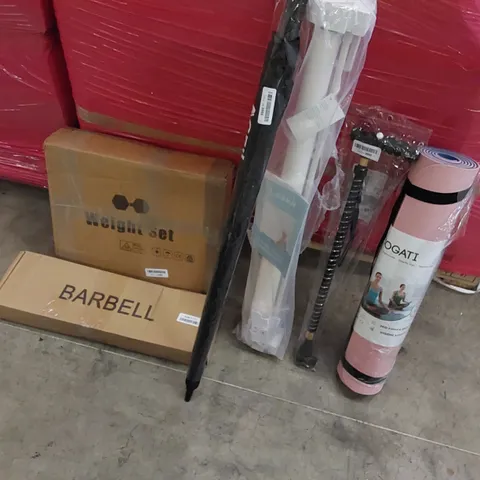 PALLET OF ASSORTED ITEMS INCLUDING: WEIGHT SET, UMBRELLA, RETRACTABLE SAFETY GATE, YOGA MAT, WALKING STICK