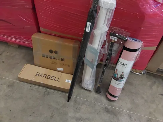 PALLET OF ASSORTED ITEMS INCLUDING: WEIGHT SET, UMBRELLA, RETRACTABLE SAFETY GATE, YOGA MAT, WALKING STICK