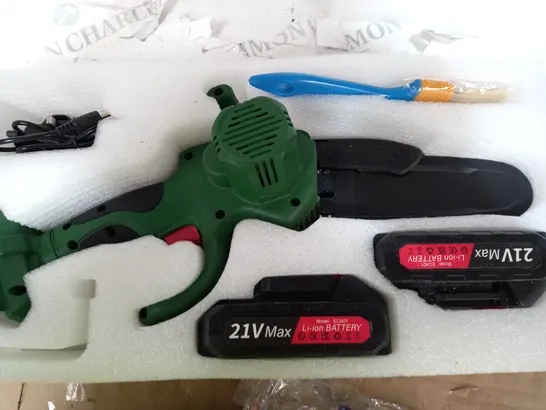 BOXED MINI CORDLESS CHAINSAW INCLUDING SPARE BATTERIES, GLOVES ETC