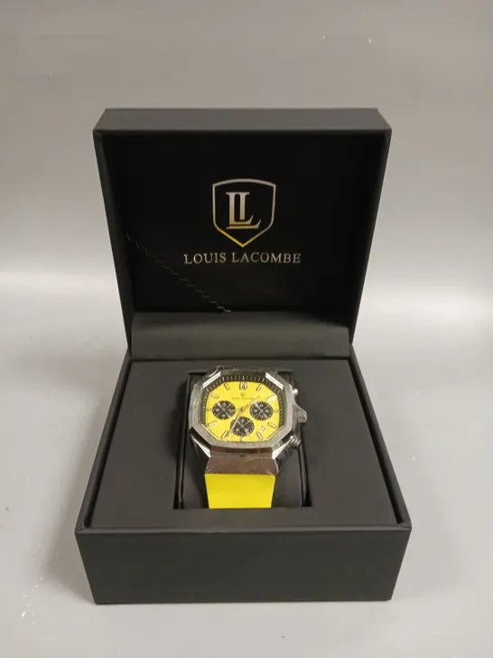 MENS LOUIS LACOMBE CHRONGRAPH WATCH – 3 SUB DIALS –  STEEL CASE – YELLOW RUBBER STRAP