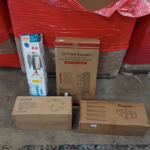 PALLET OF ASSORTED ITEMS INCLUDING: OIL FILLED RADIATOR, STEAM CLEANER, FOLDING CLOTHES HANGER, PLAYPEN 