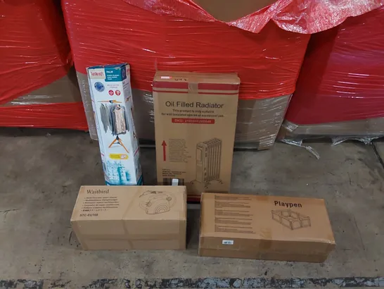 PALLET OF ASSORTED ITEMS INCLUDING: OIL FILLED RADIATOR, STEAM CLEANER, FOLDING CLOTHES HANGER, PLAYPEN 