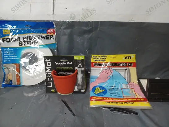 BOX OF APPROXIMATELY 15 ASSORTED ITEMS TO INCLUDE - WINDOW INSULATION KIT , MAT YOGGIE POT , FOAM WEATHER STRIP ETC