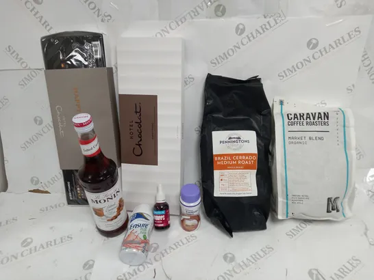 BOX OF ASSORTED FOOD AND DRINK ITEMS TO INCLUDEN HOTEL CHOCOLAT, PENNINGTONS AND ENSURE PLUS JUICE