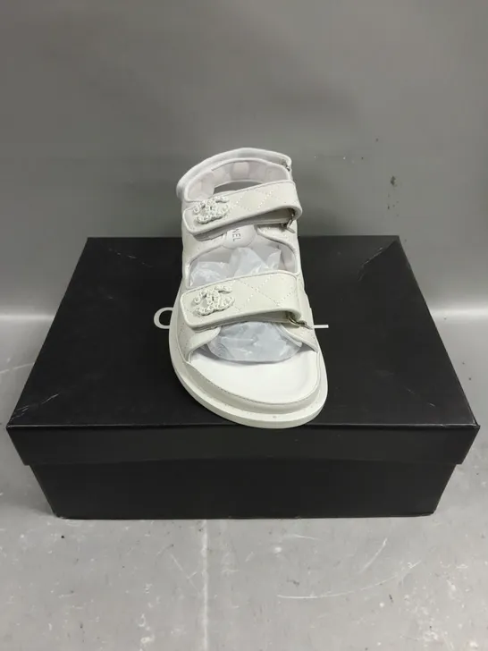 BOXED PAIR OF CHANEL TWIN STRAP SANDALS IN WHITE - 6