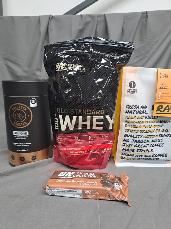 BOX OF APPROX 10 ASSORTED ITEMS TO INCLUDE - WHEY PROTEIN, PROTEIN BAR, COFFEE ETC