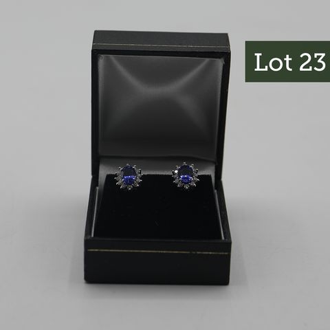DESIGNER 18ct WHITE GOLD CLUSTER EARRINGS SET WITH OVAL TANZANITE TO DIAMOND SURROUNDS, WEIGHING +-2.26ct