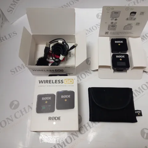 BOXED RODE MICROPHONES WIRELESS GO COMPACT MICROPHONE SYSTEM WITH POUCH, ACCESSORIES, CABLES AND INSTRUCTIONS