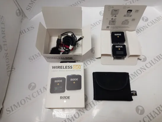 BOXED RODE MICROPHONES WIRELESS GO COMPACT MICROPHONE SYSTEM WITH POUCH, ACCESSORIES, CABLES AND INSTRUCTIONS