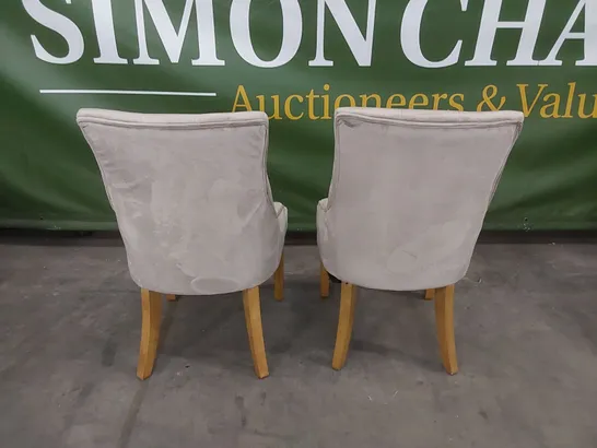 SET OF 2 DUKE MINK VELVET BUTTON BACK DINING CHAIRS WITH OAK LEGS