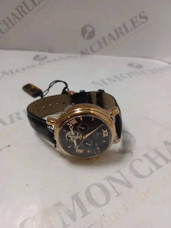 BOXED SAMUEL JOSEPH AUTOMATIC ROSE BLACK WATCH WITH LEATHER STRAP