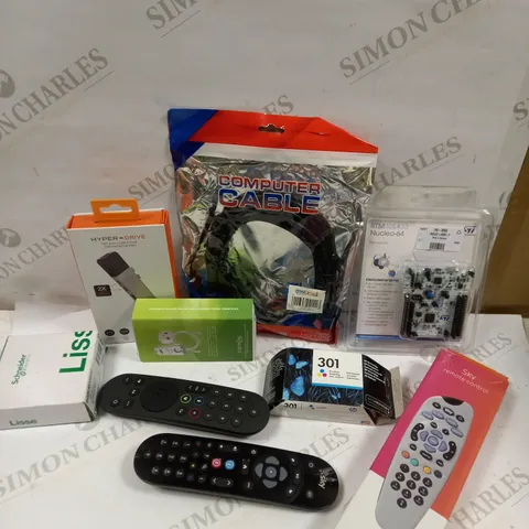 BOX OF APPROXIMATELY 20 ASSORTED ELECTRICAL ITEMS TO INCLUDE SKY REMOTES, HP 301 PRINTER INK, USB C HUB ETC 