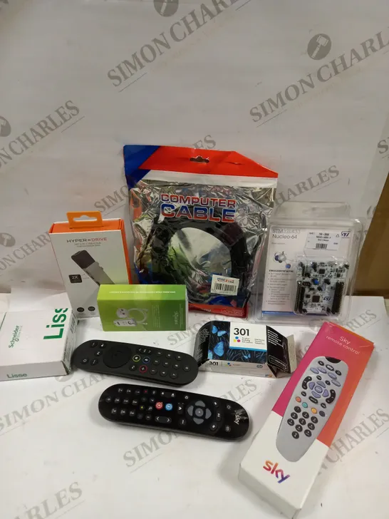 BOX OF APPROXIMATELY 20 ASSORTED ELECTRICAL ITEMS TO INCLUDE SKY REMOTES, HP 301 PRINTER INK, USB C HUB ETC 