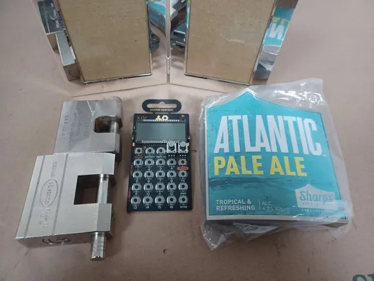 BOX OF ASSORTED HOUSE HOLD ITEMS TO INCLUDE - PIC FRAME - PADLOCKS - ATLANTIC BEER PUMP 