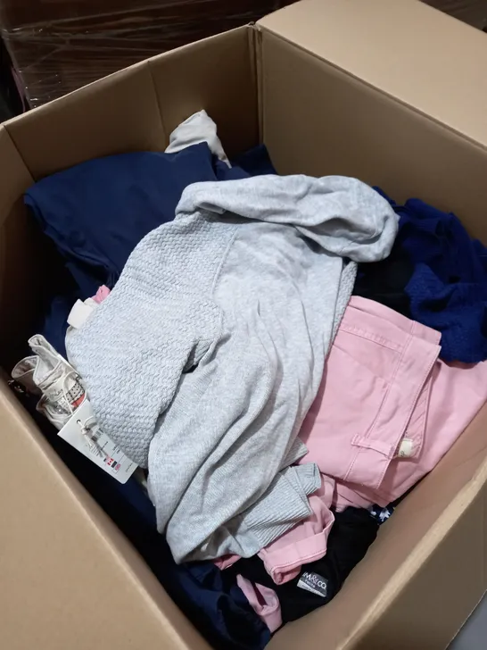 BOX OF ASSORTED CLOTHING ITEMS APPROXIMATELY 30 TO INCLUDE TROUSERS, TOPS, DRESSES ETC