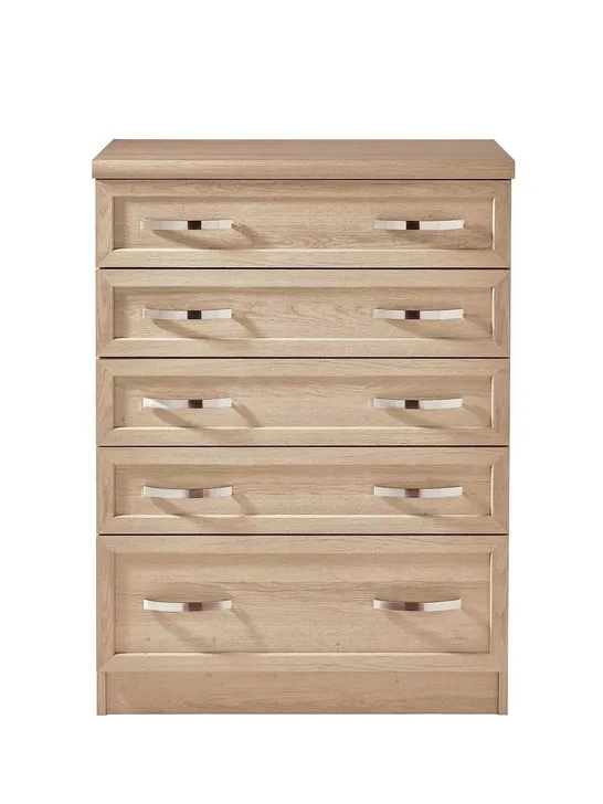 BOXED CAMBERLEY 5 GRADUATED DRAWER CHEST - LIGHT OAK (1 BOX)