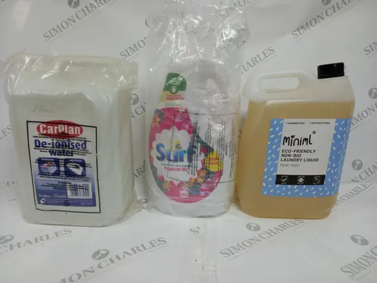 BOX OF APPROX 3 ASSORTED LIQUIDS TO INCLUDE - MINML ECO-FRIENDLY LAUNDRY LIQUID - CAR PLAN WATER - SURF 