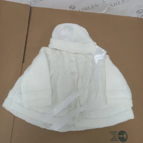 HANDMADE KNITTED BABY HAT AND JACKET SET IN WHITE 