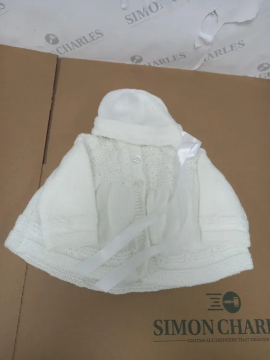 HANDMADE KNITTED BABY HAT AND JACKET SET IN WHITE 